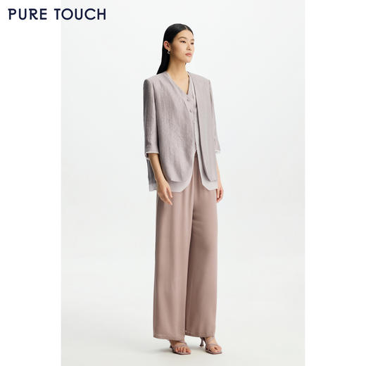 PURE TOUCH女26春夏新款真丝鬼绉桑蚕丝直筒阔腿裤松紧高腰休闲裤 商品图1