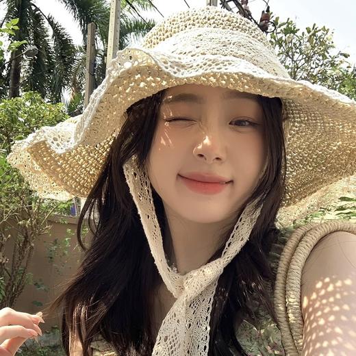 【夏日百搭款❗️温柔风草编帽】显脸小+遮阳两不误，打造温柔氛围感，轻盈透气不闷汗，海边蕾丝系带草编帽遮阳遮脸防晒帽草帽子沙滩帽女L 商品图1