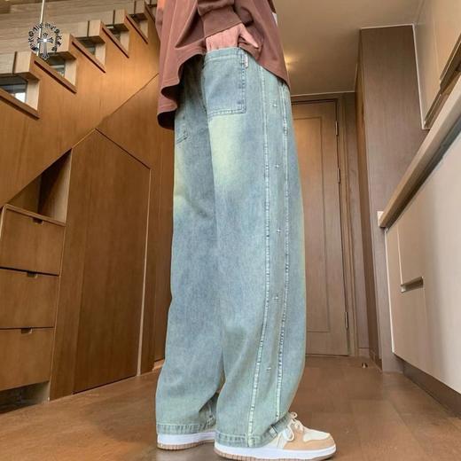 F031853新款贴皮标重工水洗刺绣串标相拼宽松直筒牛仔裤 商品图3