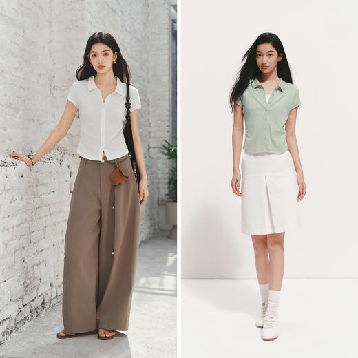 森马POLO衫女夏季短款褶皱修身提花肌理翻领2026新款简约温柔开衫 商品图4
