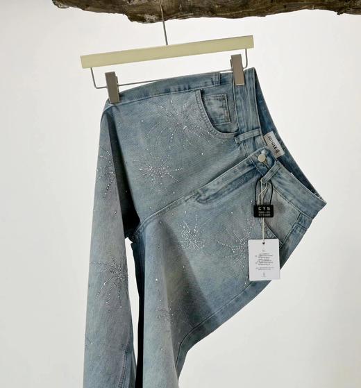 F031816蓝色烟花烫钻阔腿牛仔裤女春季新款高腰宽松显瘦直筒拖地裤 商品图3