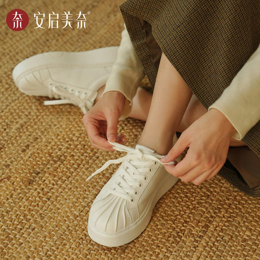 ARCHCONTACT安启美奈气垫云牛皮厚底奶白贝壳头板鞋小白鞋53051 商品图3