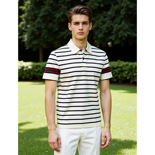 100%液氨棉男士修身时尚撞色条纹款休闲百搭翻领短袖T恤   XLM-CAC8687213 商品图2