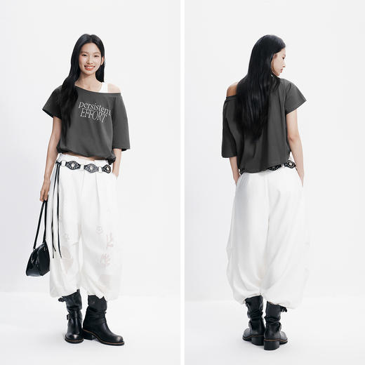 森马短袖T恤女夏短款花苞oversize字母假两件斜肩辣妹设计感衣服 商品图4