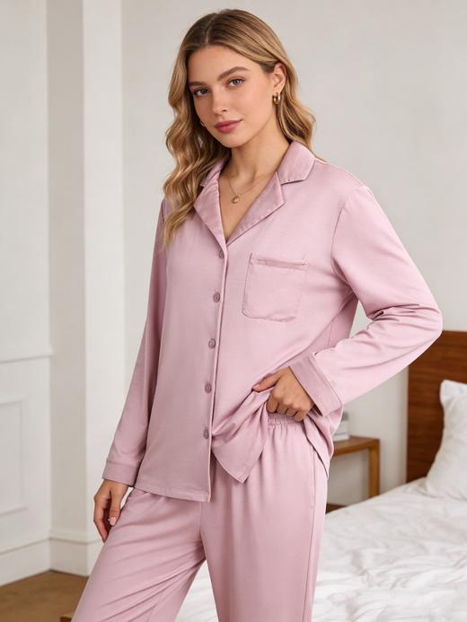 【双皮奶丝】SCHIESSER德国舒雅莫代尔氨纶双面，翻驳领开衫套装，领子袖口，袋口增加顺色压皱仿真丝面料装饰31/25576H 商品图2