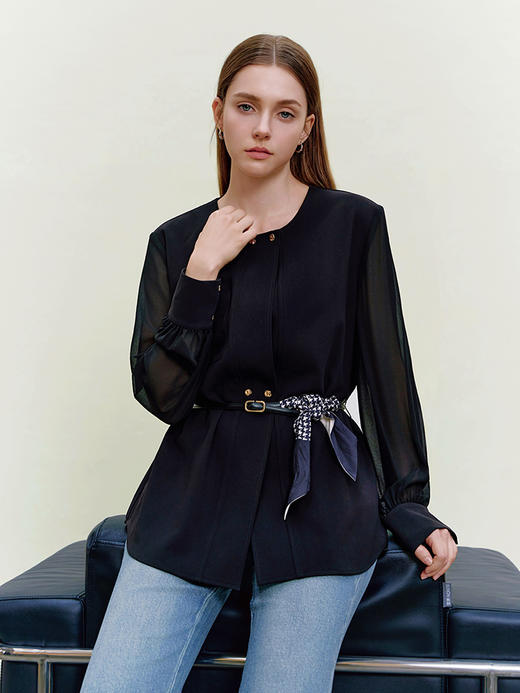 【拼接款雪纺上衣】26年春夏新品女士腰带收腰衬衫圆领开衫 商品图0