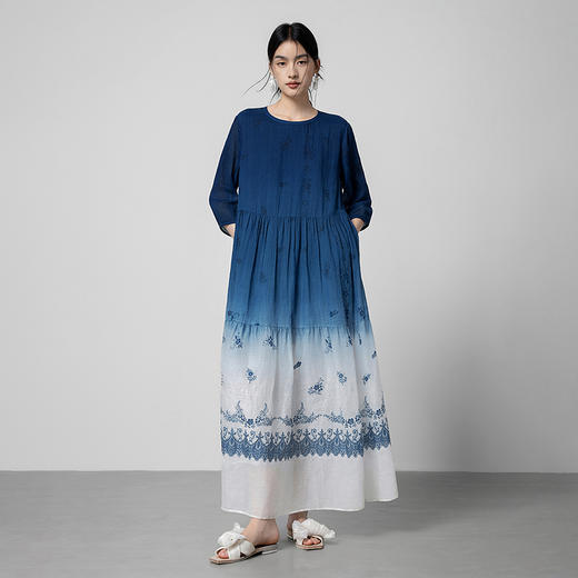 【林栖设计小店】植物染色|手工青花蓝渐变优雅印花2026春新款苎麻连衣裙1961174 商品图4