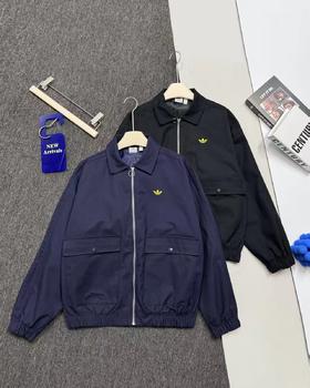 F031825纯色金标刺绣品牌Logo翻领拉链长袖工装夹克外套