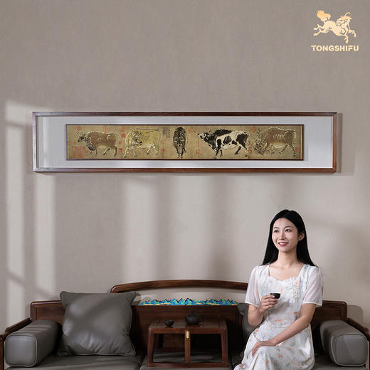 铜师傅 手工錾刻 铜雕画《五牛图（悬浮框）》背景墙中式装饰挂画 商品图2