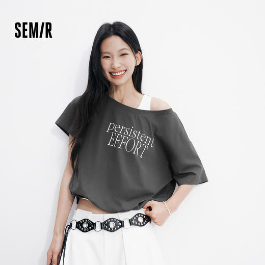 森马短袖T恤女夏短款花苞oversize字母假两件斜肩辣妹设计感衣服 商品图0