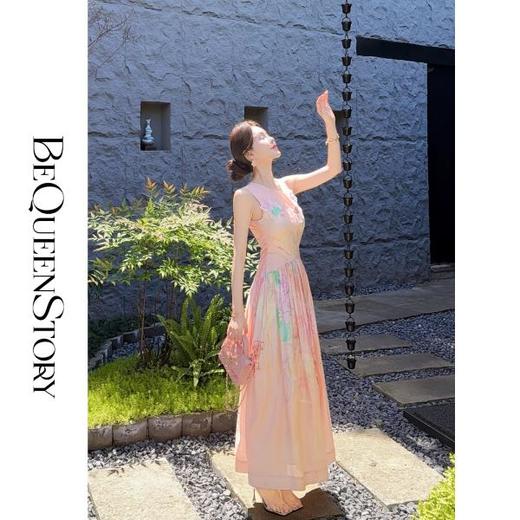 【孤品样衣，不退不换】【诺曼花园】轻盈透气天丝亚麻混纺圆领背心粉色花朵连衣裙 商品图4