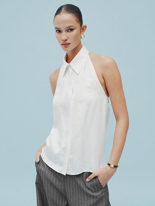 TR她热 白领佳人 白色衬衫式翻领露背通勤休闲显瘦挂脖背心上衣 商品图3