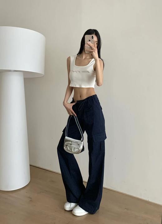 F0318122两色可选多口袋设计微喇阔腿松紧抽绳工装裤 商品图6