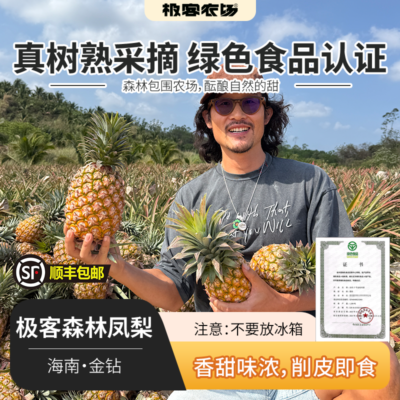极客森林凤梨（金钻）丨被森林包围的农场，树上熟采摘，绿色食品认证，香甜味浓，削皮即食，到货挑熟度高的先吃，常温保存，切勿直接冷藏⭐️顺丰快递