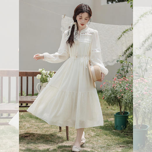 西遇民族风白色长袖连衣裙女2026年春季新款收腰波西米亚大摆长裙SS060231 商品图0