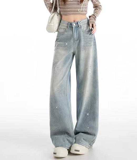 F031816蓝色烟花烫钻阔腿牛仔裤女春季新款高腰宽松显瘦直筒拖地裤 商品图10