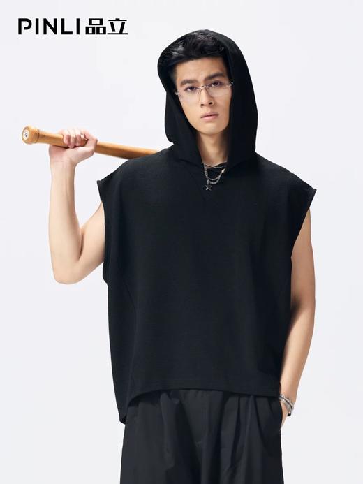 PINLI品立2026夏季新款宽松连帽无袖T恤纯色上衣男潮GD262111011 商品图0