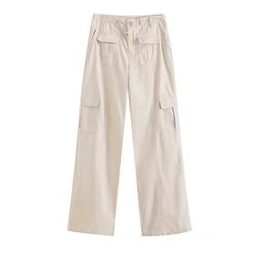 F0318122两色可选多口袋设计微喇阔腿松紧抽绳工装裤