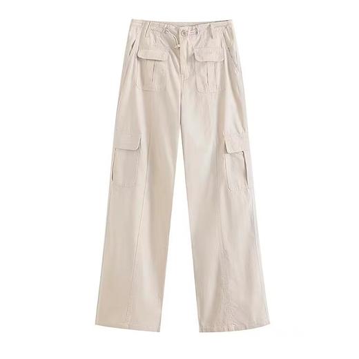 F0318122两色可选多口袋设计微喇阔腿松紧抽绳工装裤 商品图0