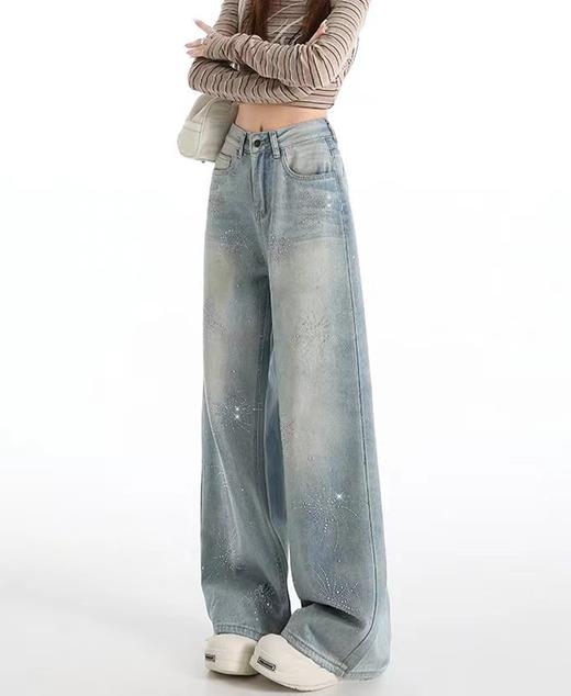 F031816蓝色烟花烫钻阔腿牛仔裤女春季新款高腰宽松显瘦直筒拖地裤 商品图7