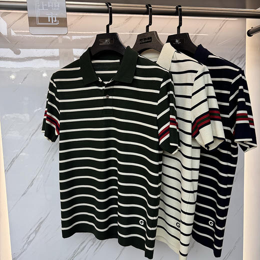 100%液氨棉男士修身时尚撞色条纹款休闲百搭翻领短袖T恤   XLM-CAC8687213 商品图4