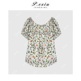 03-3潘依绣丁丁宠粉100%棉韩系甜美风小清新碎花一字领衬衫 SH98107