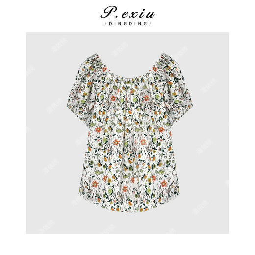 03-3潘依绣丁丁宠粉100%棉韩系甜美风小清新碎花一字领衬衫 SH98107 商品图0