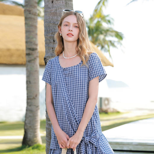 【100棉】三彩2026夏季新款格纹连衣裙不规则百褶A字裙宽松M 商品图2