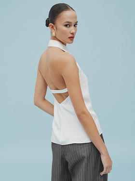 TR她热 白领佳人 白色衬衫式翻领露背通勤休闲显瘦挂脖背心上衣