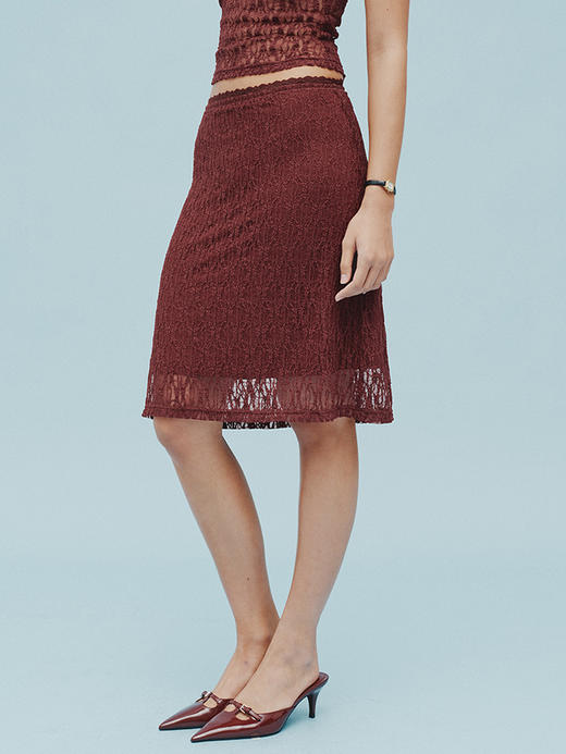 TR她热 御姐风情 酒红色弹力蕾丝镂空复古性感修身包臀T恤半裙套装 上衣L预售 商品图4