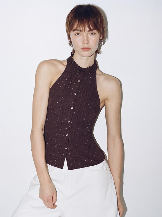 TR她热 紫雾甜心 紫色波点花边削肩单排扣复古收腰显瘦上衣背心 商品图3