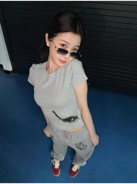 F031829时尚百搭虞书欣同款紧身小猫咪印花圆领短袖T恤 商品图12