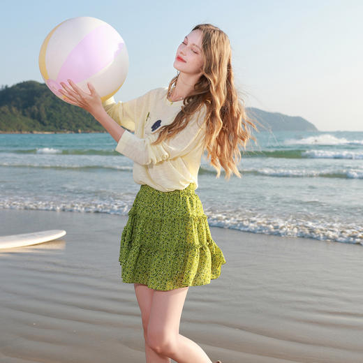 三彩2026夏季新款高腰小A裙木耳边蛋糕裙碎花半身裙短裙气质M 商品图2