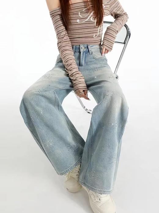F031816蓝色烟花烫钻阔腿牛仔裤女春季新款高腰宽松显瘦直筒拖地裤 商品图6