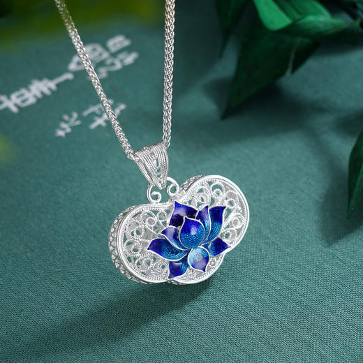 子佩集S990银【荷花福来】套链项链【MXDZ021】纯银花丝蓝色莲花荷花2509 商品图3