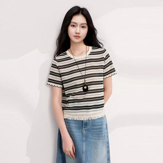 三彩2026夏季新款休闲圆领T恤撞色条纹短袖套头衫流苏短款上衣M 商品图2