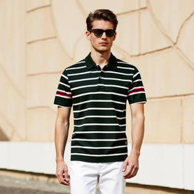 100%液氨棉男士修身时尚撞色条纹款休闲百搭翻领短袖T恤   XLM-CAC8687213
