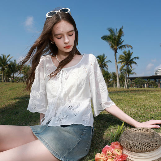 【100棉】三彩2026夏季新款方领绣花A字娃娃衫七分袖衬衫上衣M 商品图1