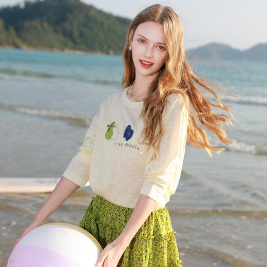 三彩2026夏季新款水果印花罩衫针织衫圆领套头落肩袖上衣简约M 商品图3