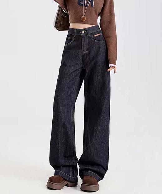 F031887窄版复古阔腿高腰宽松垂感直筒拖地裤修饰腿型显腿长牛仔裤 商品图13