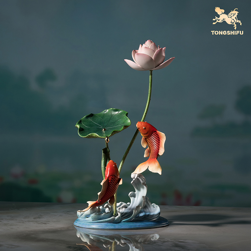 铜师傅《莲年有余》中式铜鱼莲花摆件 家居创意装饰乔迁新居礼物
