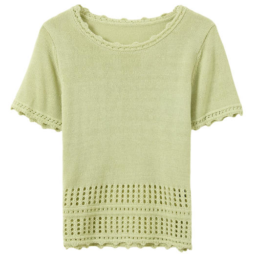 三彩2026夏季新款镂空肌理针织衫圆领短袖短款上衣套头衫简约M 商品图4