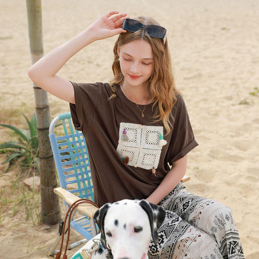 三彩2026夏季新款水溶花边流苏圆领落肩短袖T恤宽松套头上衣M 商品图3