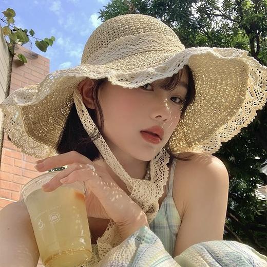 【夏日百搭款❗️温柔风草编帽】显脸小+遮阳两不误，打造温柔氛围感，轻盈透气不闷汗，海边蕾丝系带草编帽遮阳遮脸防晒帽草帽子沙滩帽女L 商品图3
