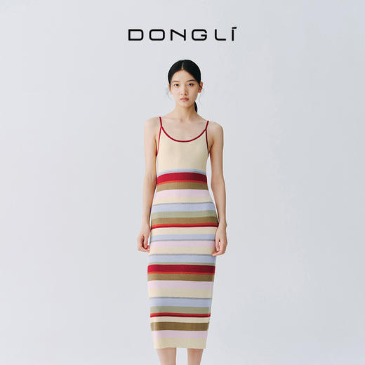 东黎 • 万物复苏 一目彩虹 山羊绒桑蚕丝女士春夏吊带彩条长裙  6229 商品图1