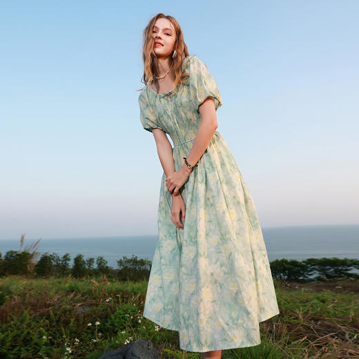 【100棉】三彩2026夏季新款U领高腰印花连衣裙泡泡袖A字长裙M 商品图1