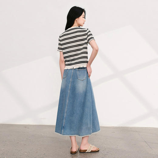 三彩2026夏季新款休闲圆领T恤撞色条纹短袖套头衫流苏短款上衣M 商品图3