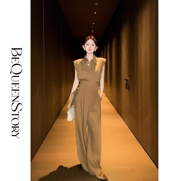 【大货捡漏，不退不换】  【精英气场】透气舒适斜纹翻领垫肩马甲上衣&阔腿捏褶休闲裤