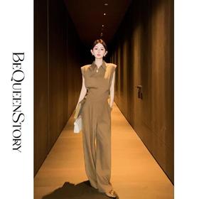 【孤品样衣，不退不换】【精英气场】透气舒适斜纹翻领垫肩马甲上衣&阔腿捏褶休闲裤