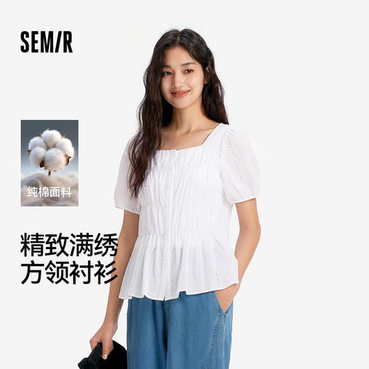 森马短袖衬衫女夏方领泡泡袖纯棉修身绣花衬衣法式温柔小个子上衣 商品图0